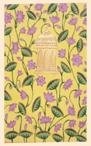 Yellow Pichwai Painting with golden jharokha and purple lotuses – Nathdwara traditional art