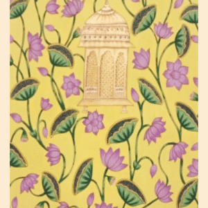 Yellow Pichwai Painting with golden jharokha and purple lotuses – Nathdwara traditional art