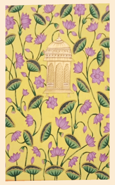 Yellow Pichwai Painting with golden jharokha and purple lotuses – Nathdwara traditional art