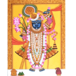 Shrinathji painting with lotus garlands on yellow background – handmade paper artwork by RUPASYA