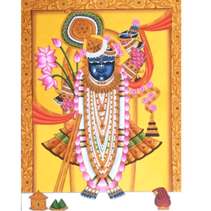 Shrinathji painting with lotus garlands on yellow background – handmade paper artwork by RUPASYA