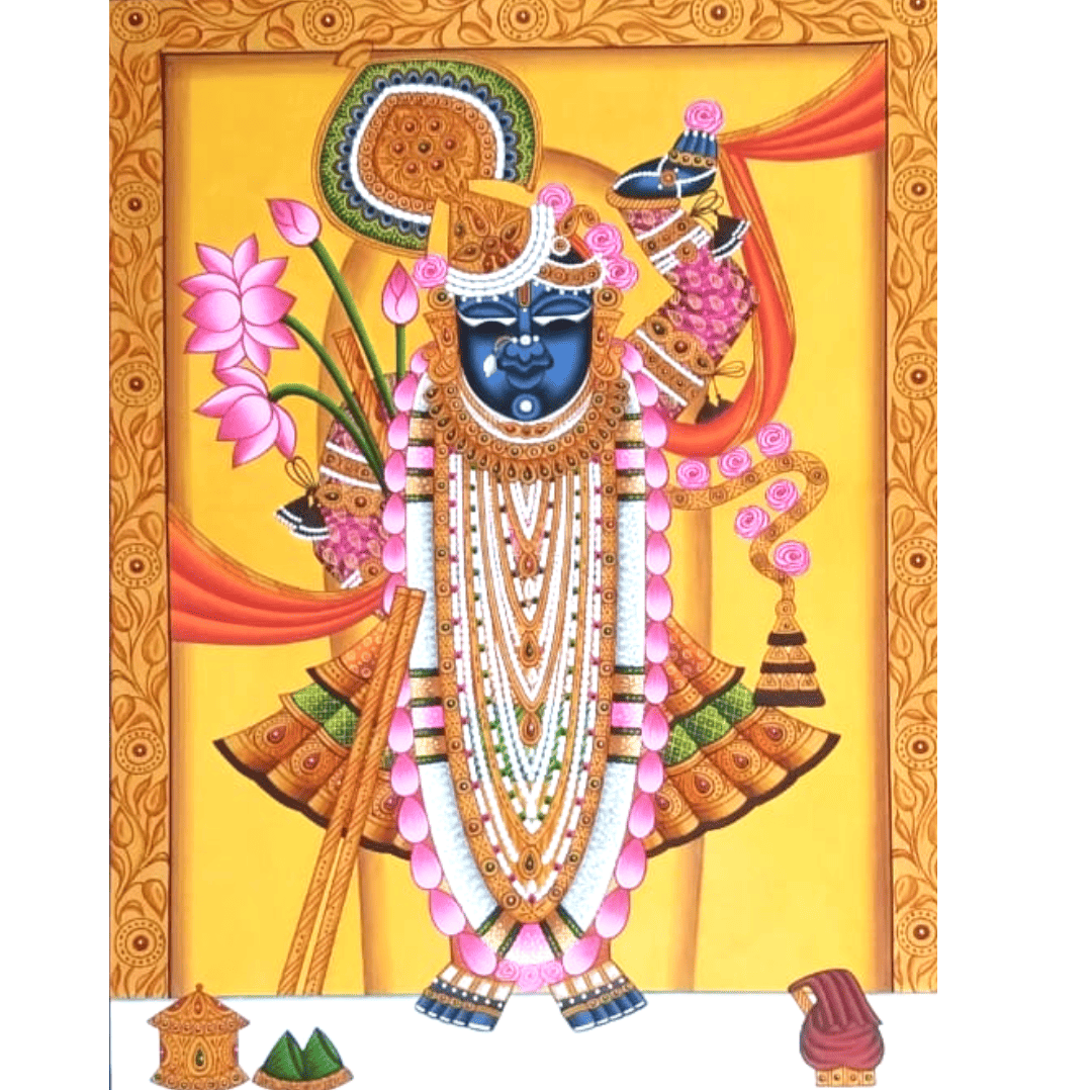 Shrinathji painting with lotus garlands on yellow background – handmade paper artwork by RUPASYA
