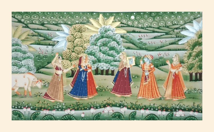 Radha-Krishna & Gopis Pichwai Painting on Cloth – Handmade