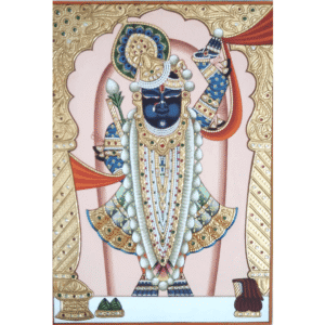 Gold Leaf Shrinathji Painting with 22K Detailing in Ornate Arch Frame