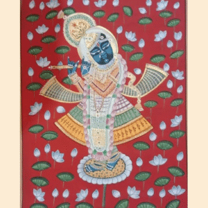 Pichwai painting of Shrinathji with lotus motif on a red background in traditional Rajasthani style.
