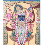 Shrinathji painting with gold leaf work and lotus flower, featuring elephants and intricate detailing