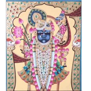 Shrinathji painting with gold leaf work and lotus flower, featuring elephants and intricate detailing