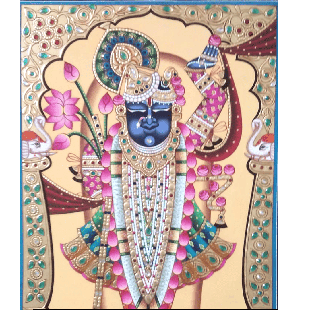 Shrinathji painting with gold leaf work and lotus flower, featuring elephants and intricate detailing