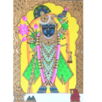Gold Leaf Shrinathji Painting with cow and flute – handmade 22k gold artwork under floral arch