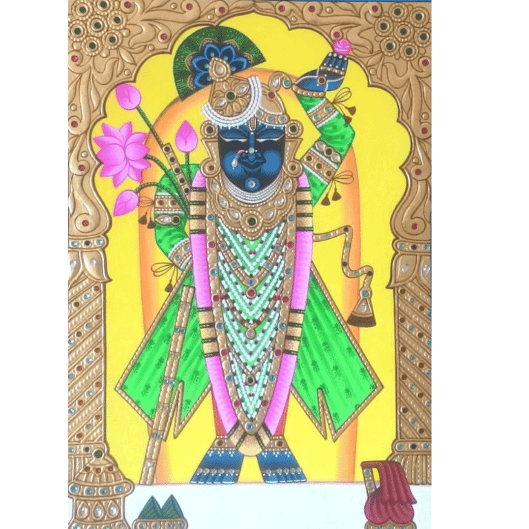 Gold Leaf Shrinathji Painting with cow and flute – handmade 22k gold artwork under floral arch