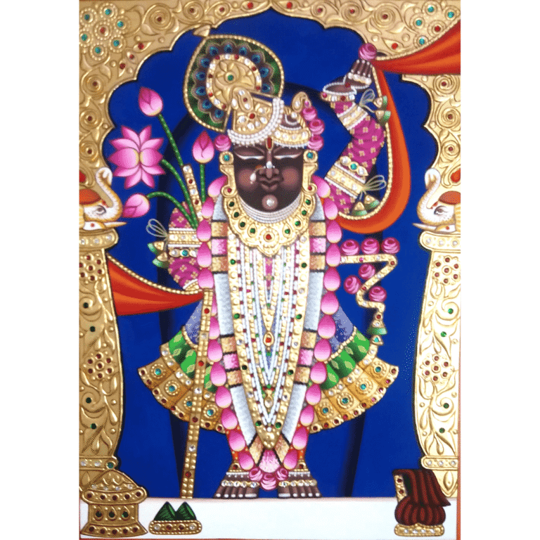 Gold Leaf Shrinathji Painting with blue background and floral arch, 22k handmade paper art