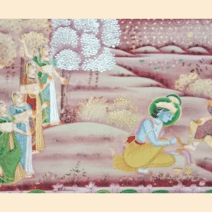 Handmade Pichwai Painting of Krishna and Radha in serene meadow – Rajasthani art on cloth