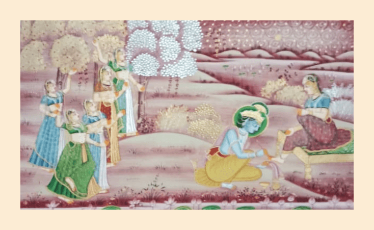 Handmade Pichwai Painting of Krishna and Radha in serene meadow – Rajasthani art on cloth
