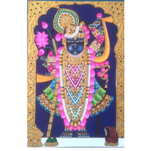 Shrinathji gold leaf painting in blue and pink – traditional handmade art