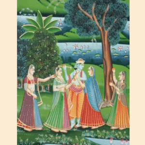 Handmade Pichwai Painting of Krishna with Gopis by lotus pond – traditional Rajasthani art on cloth