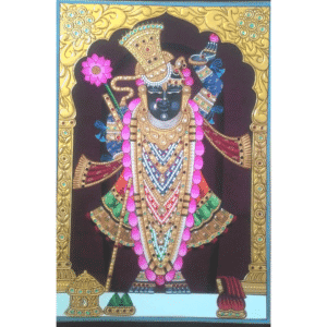 Gold Leaf Shrinathji Painting with pink background and ornate floral crown – handmade 22k gold on paper