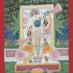 Hand-painted Pichwai of Shreenathji playing flute with peacocks, lotus flowers, and garden backdrop
