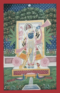 Hand-painted Pichwai of Shreenathji playing flute with peacocks, lotus flowers, and garden backdrop