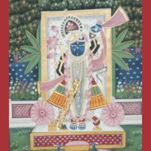 Hand-painted Pichwai of Shreenathji playing flute with peacocks, lotus flowers, and garden backdrop