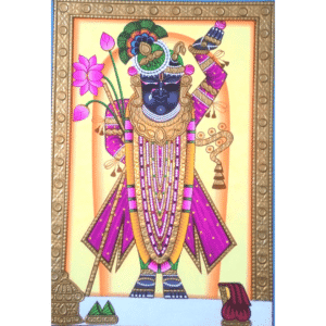 Shrinathji Pichwai Painting with Lotus Flower – Purple Robe and Gold Leaf Art