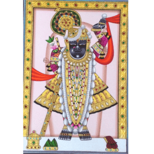 Shrinathji Pichwai painting with gold leaf detailing, red lotus, and Mor Pichodi crown