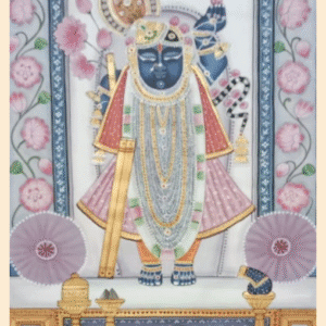 Pichwai painting of Shrinathji with pink floral backdrop and traditional Rajasthani design.
