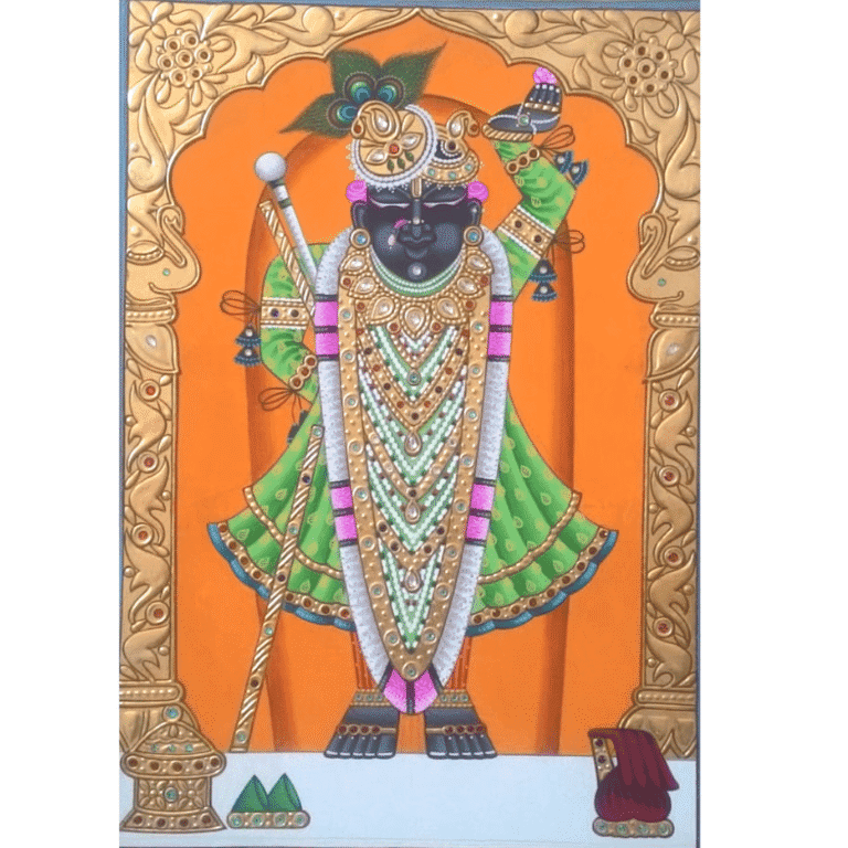 Gold Leaf Shrinathji Painting in Green Dress with Orange Background – Pichwai Art