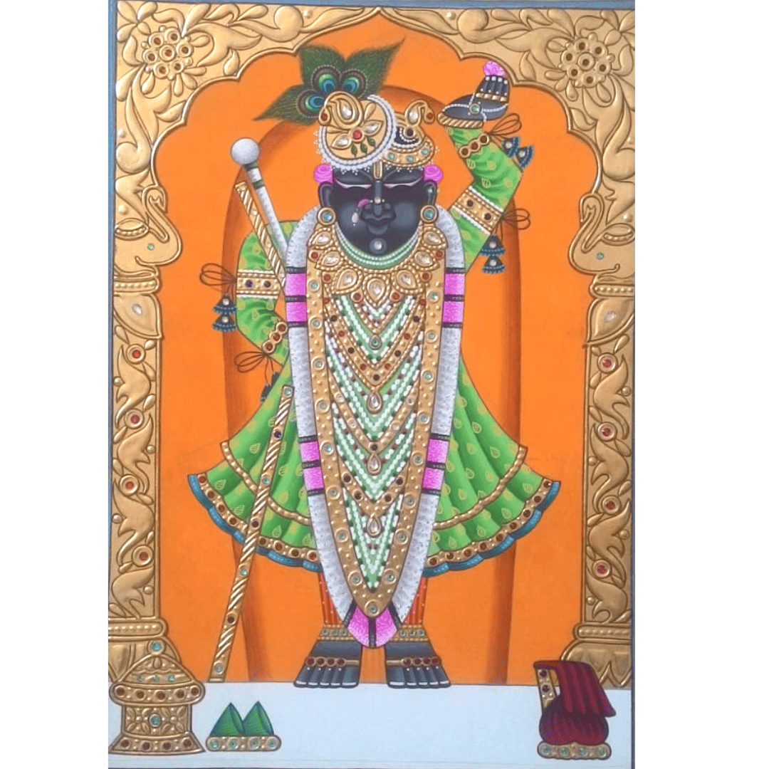 Gold Leaf Shrinathji Painting in Green Dress with Orange Background – Pichwai Art