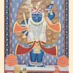 Pichwai painting of Shrinathji with golden floral halo in traditional Rajasthani style.