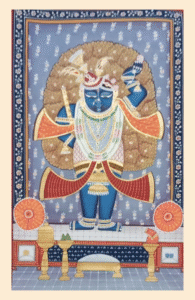 Pichwai painting of Shrinathji with golden floral halo in traditional Rajasthani style.
