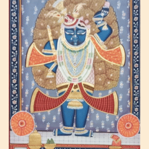 Pichwai painting of Shrinathji with golden floral halo in traditional Rajasthani style.