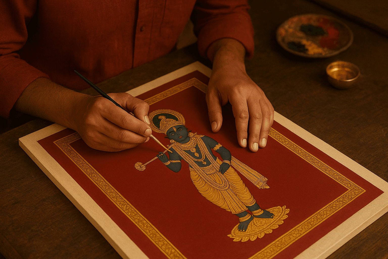 Skilled Indian artist hand-painting traditional Pichwai artwork in Rajasthan studio