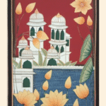 Pichwai Painting of yellow lotuses and palace over blue pond – traditional Nathdwara art