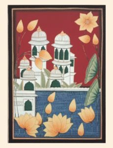 Pichwai Painting of yellow lotuses and palace over blue pond – traditional Nathdwara art