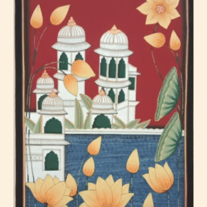 Pichwai Painting of yellow lotuses and palace over blue pond – traditional Nathdwara art
