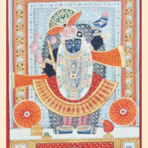 Pichwai painting of Shrinathji in orange attire with lotus garland, traditional Rajasthani hand-painted art.