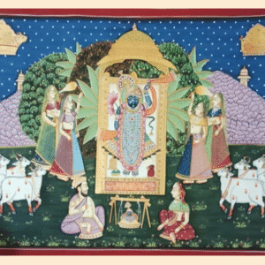 Pichwai painting of Shrinathji Darshan with gopis, sacred cows, golden arch, and starry night backdrop.