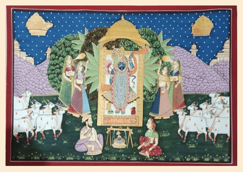 Pichwai painting of Shrinathji Darshan with gopis, sacred cows, golden arch, and starry night backdrop.