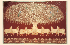 Pichwai painting of sacred cows under a Kadamba tree with peacocks, parrots, and lotus pond on a maroon background.