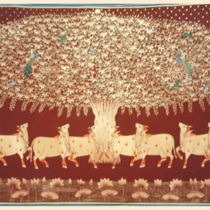 Pichwai painting of sacred cows under a Kadamba tree with peacocks, parrots, and lotus pond on a maroon background.
