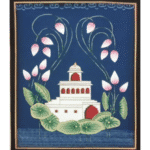Pichwai Painting of white palace with pink lotuses and green leaves – traditional Nathdwara artwork