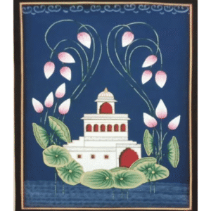 Pichwai Painting of white palace with pink lotuses and green leaves – traditional Nathdwara artwork