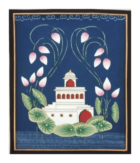 Pichwai Painting of white palace with pink lotuses and green leaves – traditional Nathdwara artwork