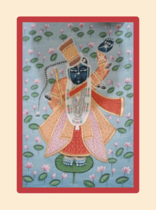 Pichwai painting of Shrinathji standing on lotus with pink and orange attire and lotus flower background.