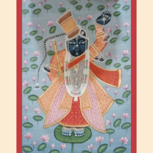 Pichwai painting of Shrinathji standing on lotus with pink and orange attire and lotus flower background.
