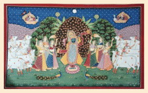Pichwai painting of Shrinathji with gopis, sacred cows, Govardhan Hill, peacocks, and a starry night background.