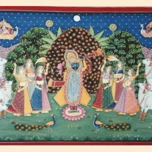 Pichwai painting of Shrinathji with gopis, sacred cows, Govardhan Hill, peacocks, and a starry night background.