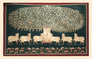 Pichwai painting of cows under Kadamba tree with peacocks and lotus pond on a deep green background.