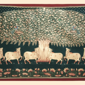 Pichwai painting of cows under Kadamba tree with peacocks and lotus pond on a deep green background.