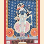 Pichwai painting of Shrinathji in pink attire with blue floral background and golden border.